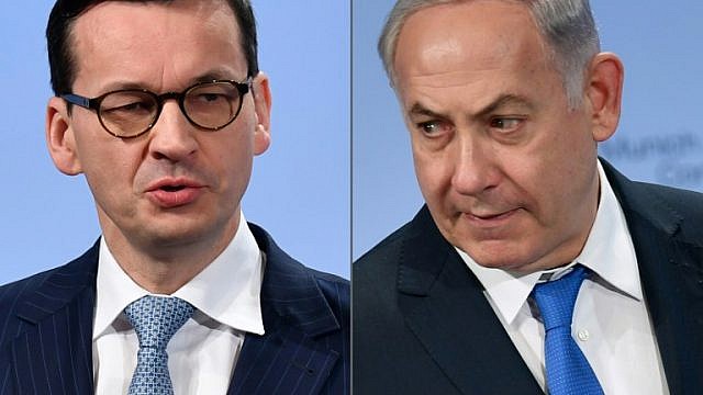 رئيس الوزراء الإسرائيلي بنيامين نتنياهو ورئيس الوزراء البولندي، ماتيوش مورافيتسكي (AFP)